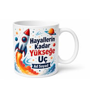 İsimli Roket Desenli Baskılı Kupa Bardak Hediye Uzay Temalı Özel Tasarım