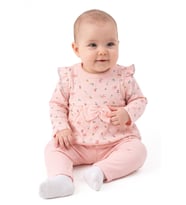 Kız Bebek Somon Renkli Minik Çiçek Desenli Fırfırlı Pijama Takımı