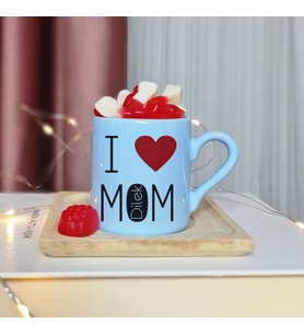 I Love Mom ( Seni Seviyorum Annem ) Tasarımlı Kişiye Özel Mavi Türk Kahvesi Fincanı