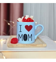 I Love Mom ( Seni Seviyorum Annem ) Tasarımlı Kişiye Özel Mavi Türk Kahvesi Fincanı