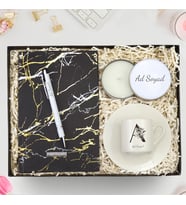 Kişiye Özel Siyah Gold Mermer Desen Defter & Beyaz Metal Kutulu Mum & Gümüş Renk Detaylı Beyaz Tükenmez Kalem & Özel Harfli Fincan Hediye Seti