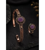 Kadın Bakır Bileklik Yüzük Set Doğal Mor Ametist Taşlı Otantik Model Set