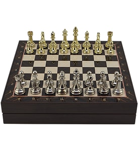 GiftHome Büyük Boy Metal Klasik Satranç Tk. Parlak ve Ceviz Desenli Sandıklı MDF Tahtası(36X36 cm.)