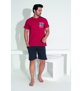 Erkek Yazlık Run Baskılı Kısa Kollu Düğmeli Şortlu Penye Pijama Takımı (Bordo)