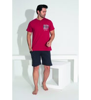 Erkek Yazlık Run Baskılı Kısa Kollu Düğmeli Şortlu Penye Pijama Takımı (Bordo)