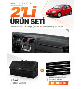 VOLKSWAGEN GOLF 5 (2003-2009) Uyumlu Torpido Örtüsü + Deri Bagaj Çantası + Sticker Seti - Siyah