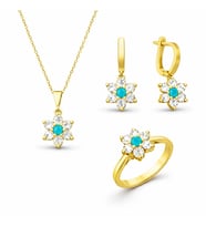 Gümüş Mavi Taşlı Gold Çiçek Kadın Set