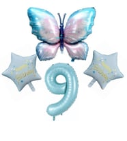 Mavi Kelebekli Happy Birthday 9 Yaş Folyo Balon Set