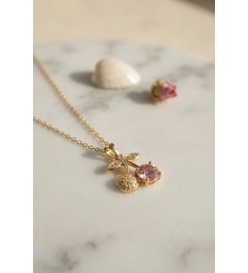 316L Çelik Zincir Gold Renk Pembe Kiraz Model Kolye
