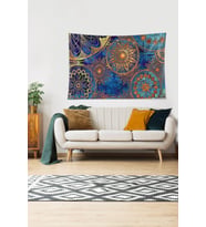 Mandala Desenli Gold Geçişli Leke Tutmaz Kadife Dokulu Kumaş Duvar Örtüsü Duvar Halısı Tapestry (Turkuaz)