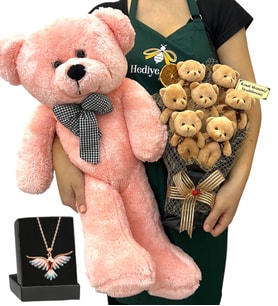 Kişiye Özel 7'li Peluş Ayıcık Buketi, Renkli Anka Kuşu Kolye ve Pembe Peluş Ayıcık (Model 2)