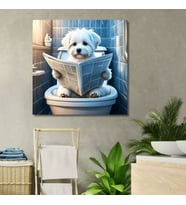 Tekli Kare Kanvas Banyo Tablosu Gazete Okuyan Maltese Köpek