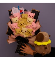 Kişiye Özel Resimli 11 Adet Ayıcık Buketi - 25cm Capybara Hediyeli (Sarı)