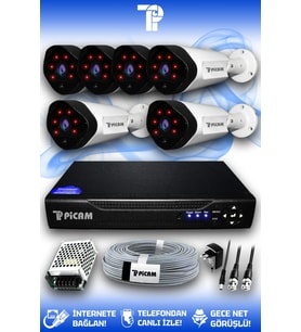 PICAM 6 Kameralı Uzay 6 Dış Kamera Set HDD'siz Full HD Gece Görüşlü Güvenlik Kamerası Sistemi