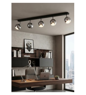 Beşli Modern 5’li Krom Kaplama Küre Led Spot Tavan Metal Avize 120 cm Siyah Gövde Krom Hareketli Başlık GU10 Duy OS RAM Syl vania Kalitesi
