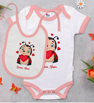 BK Kids Kişiye Özel Uğur Böceği Tasarımlı Pembe Bebek Body Zıbın ve Mama Önlüğü Hediye Seti-1