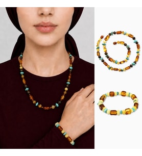 Gerçek Damla Kehribar Set - Doğal Form - Firuze Doğaltaş Süslemeli - Multicolor Renk