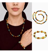 Gerçek Damla Kehribar Set - Doğal Form - Firuze Doğaltaş Süslemeli - Multicolor Renk