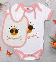 BK Kids İlk Seyahat Tasarımlı Pembe Bebek Body Zıbın ve Mama Önlüğü Hediye Seti-1