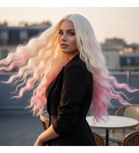 Fiber Sen Uzun Su Daası Peruk / Platin / Pembe Ombreli