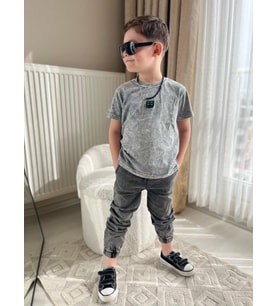 Cg Kids Yıkamalı Kabartma Baskı Bb Lastikli Paça Eskitme Jean Erkek Çocuk Alt Üst Takım (Turkuaz)