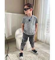 Cg Kids Yıkamalı Kabartma Baskı Bb Lastikli Paça Eskitme Jean Erkek Çocuk Alt Üst Takım (Turkuaz)