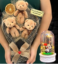 Kişiye Özel Kahve Peluş Ayıcık Buketi ve Led Işıklı Fanus - Premium Hediye Seti (Model 7)
