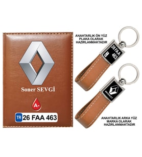 Plakanıza Özel Renault Logolu Taba Ruhsat Kabı ve Anahtarlık