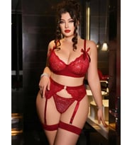 pilelistore Kadın Büyük Beden Kırmızı Dantelli Jartiyerli Fantezi İç Giyim Takımı 8005