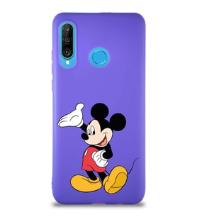 Huawei P30 Lite Soft Premier Kapak Mickey Mouse-C Tasarımlı Silikon Kılıf - Mor (Şeffaf)