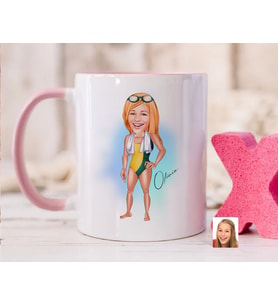 Bk Gift Kişiye Özel Kadın Yüzücü Karikatürlü Pembe Kupa Bardak-1, Sevgiliye Hediye, Arkadaşa Hediye