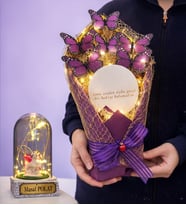 Led Işıklı Aynalı Mor Kelebek Buketi (Kişiye Özel Renkli Led Işıklı Fanus Hediyeli) (Model 6)