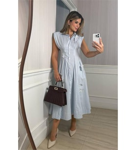 Neşeli butik kadın mavi poplin kumaş kol vatkalı çiçek işleme detaylı tasarım elbise ---- NBEMP2750