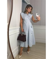Neşeli butik kadın mavi poplin kumaş kol vatkalı çiçek işleme detaylı tasarım elbise ---- NBEMP2750