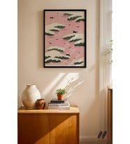 Pembe Bulut ve Kuş Deseni, Siyah Çerçeveli Duvar Tablosu - Modern Ev Dekorasyonu