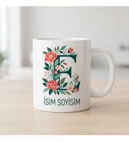Kişiye Özel Baş Harf ve İsim Yazılı Çiçek Motiflili E Harfli Seramik Kupa Bardak
