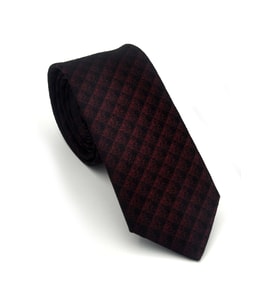 Siyah Küp Desenli Bordo Dokuma Kumaş Mendilli Slim Fit Kravat // SDK-2605-4