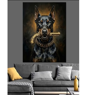 Altın Zincirli Ve Kravatlı Doberman Dekoratif Kanvas - Mdf Ahşap Tablo