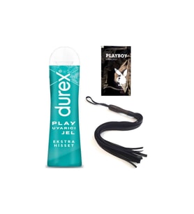 Durex Play Ekstra Hisset Bay Bayan Uyarıcılı Jel 50 ml + Siyah Püsküllü Deri Kırbaç + Hediye