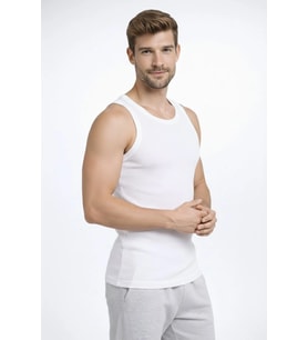 Erkek Fitilli Atlet Sıfır Yaka Slim Fit Arka Baskılı Spor Atlet - Beyaz