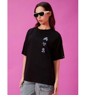 Kadın Kısa Kol Yazlık Tişört Bisiklet Yaka Baskılı Oversize T-Shirt - Siyah