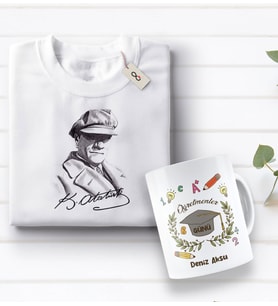 BK Gift Kişiye Özel Öğretmenler Günü Tasarımlı Kupa Bardak ve Atatürk Baskılı Tişört Hediye Seti- 1-17, Öğretmene Hediye, Öğretmenler Günü, 100. Yıl Hediyesi