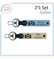 Anılarla Dolu Hediye, Kamera Desenli, İsimli 2’li Anahtarlık Takımı, Gök Mavi-Sütlü Kahve
