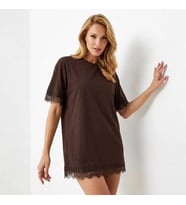 Kadın Bisiklet Yaka Dantel Detay Oversize Penye Bluz 26005 (Kahverengi)