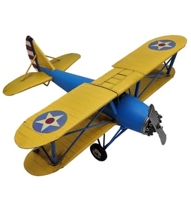 Gökyüzünün İki Rengi: Büyük Boy El Yapımı Mavi-Sarı Biplane Dekoratif Uçak Modeli