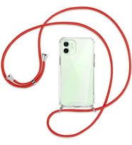 Teknomoda Apple iPhone 12 Kılıf Boyun Omuz Askılı iPli Anti Şok Köşe Korumalı Şeffaf Silikon (Kırmızı)