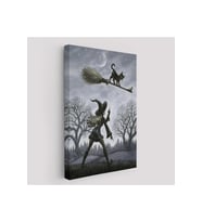 Cadı Süpürgesi ile Uçan Kara Kedi Tablosu Witches Halloween-6353