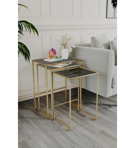 Retro 3 lü Zigon Füme Camlı Gold Sehpa, Metal Sehpa, Salon, Yatak Odası, Antre
