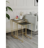 Retro 3 lü Zigon Füme Camlı Gold Sehpa, Metal Sehpa, Salon, Yatak Odası, Antre