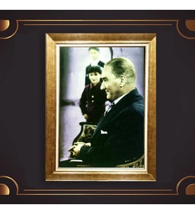 Altın Varaklı Çerçeveli Paspartulu Atatürk Tablo nl02A309 (Gold)